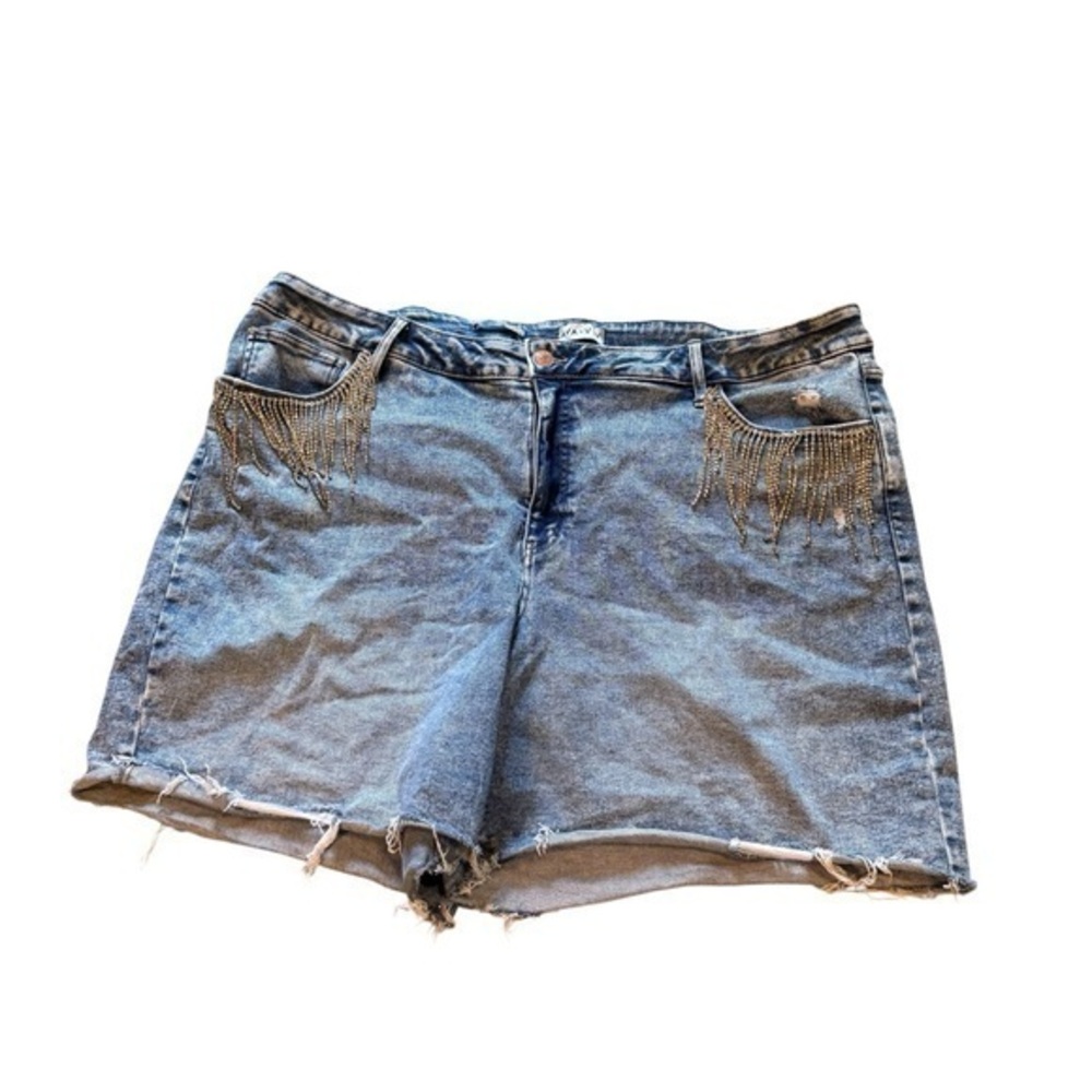 High rise Ava + Vic Blue Denim Shorts with Fringe jewel Detail